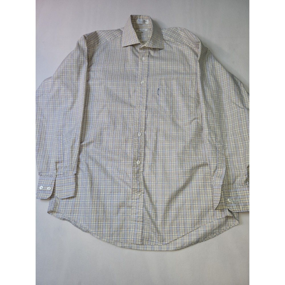 Faconnable Mens Plaid Button Down Shirt 15.5 R Cream Blue  Cotton USA Made 2213